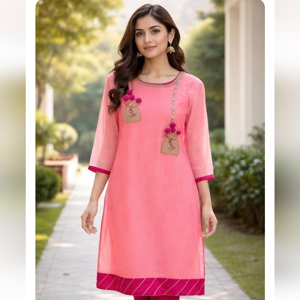 Pink Punjabi Georgette Suit With Gold Detail With Cuffed 3/4 Sleeves - Small New